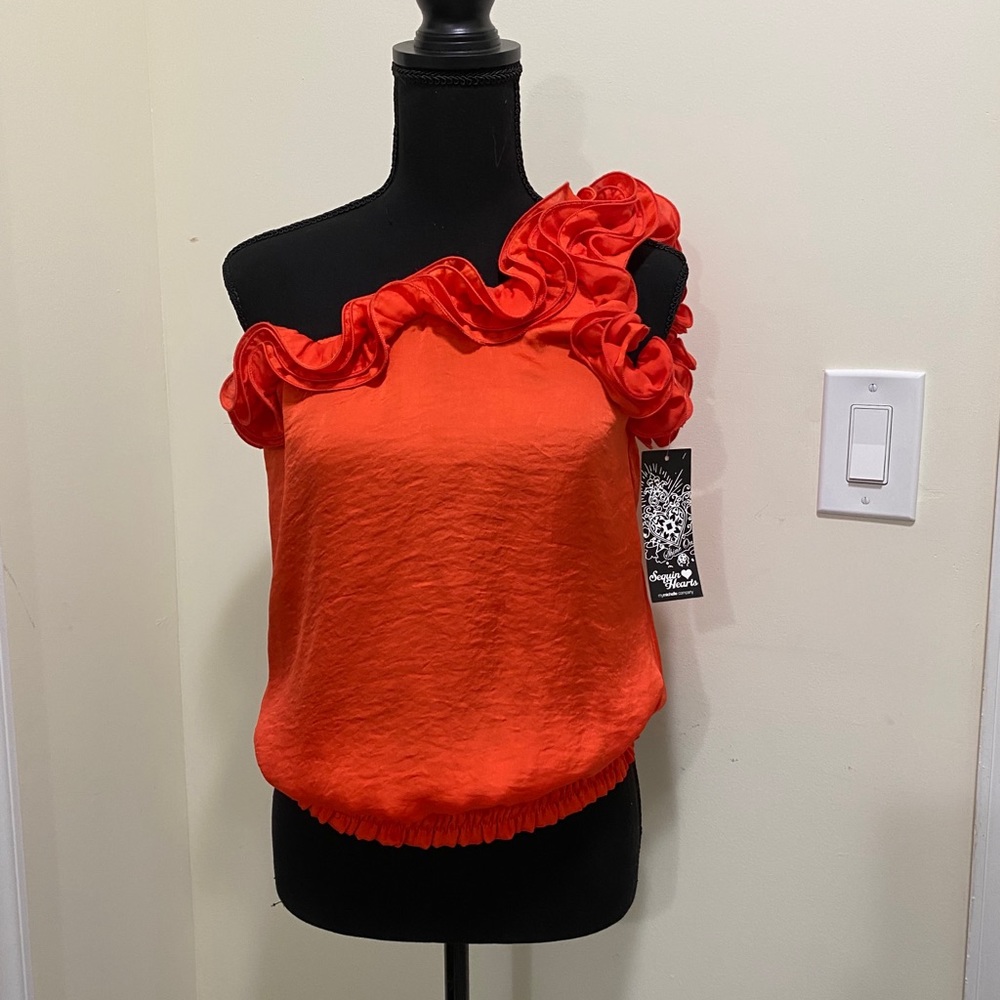 Sequin Heart one shoulder Ruffle Blouse
